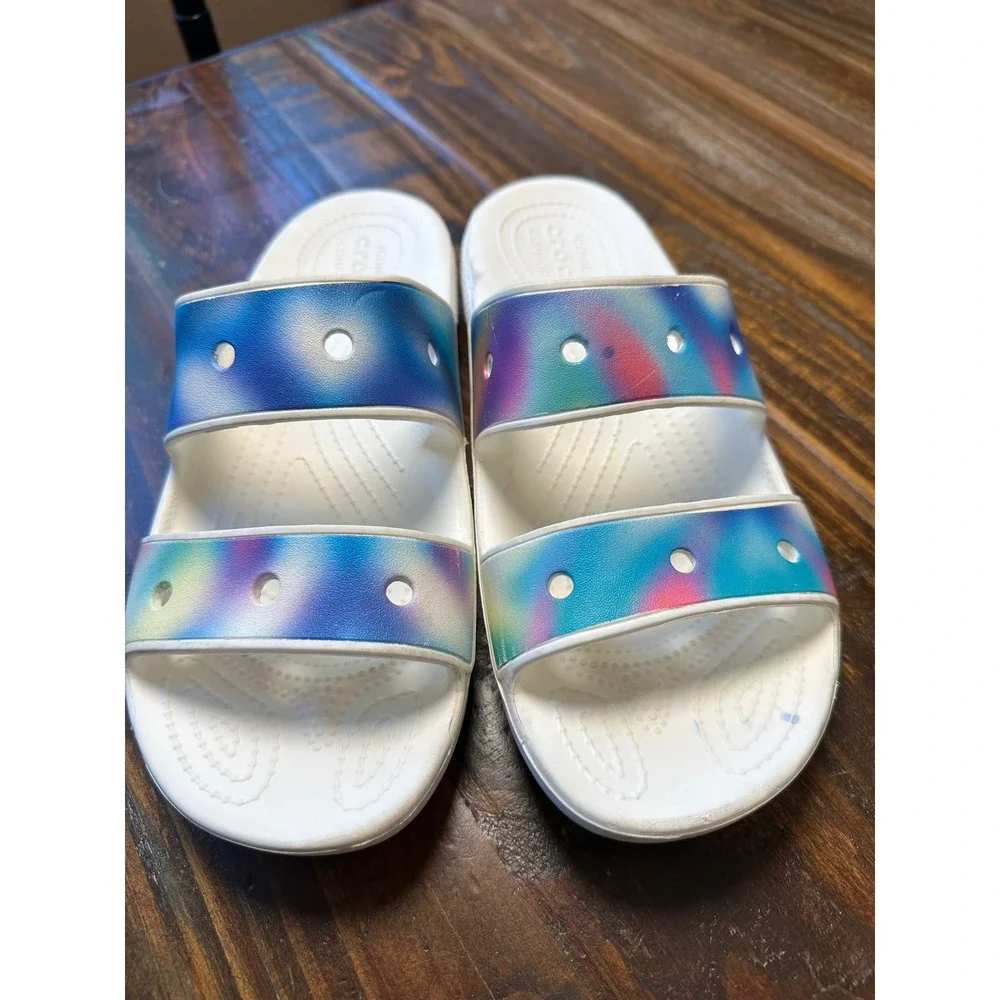 Crocs Classic Sandal White Multi Solarized Spray Two Strap Slide Men 7 Women 9 - Picture 1 of 10